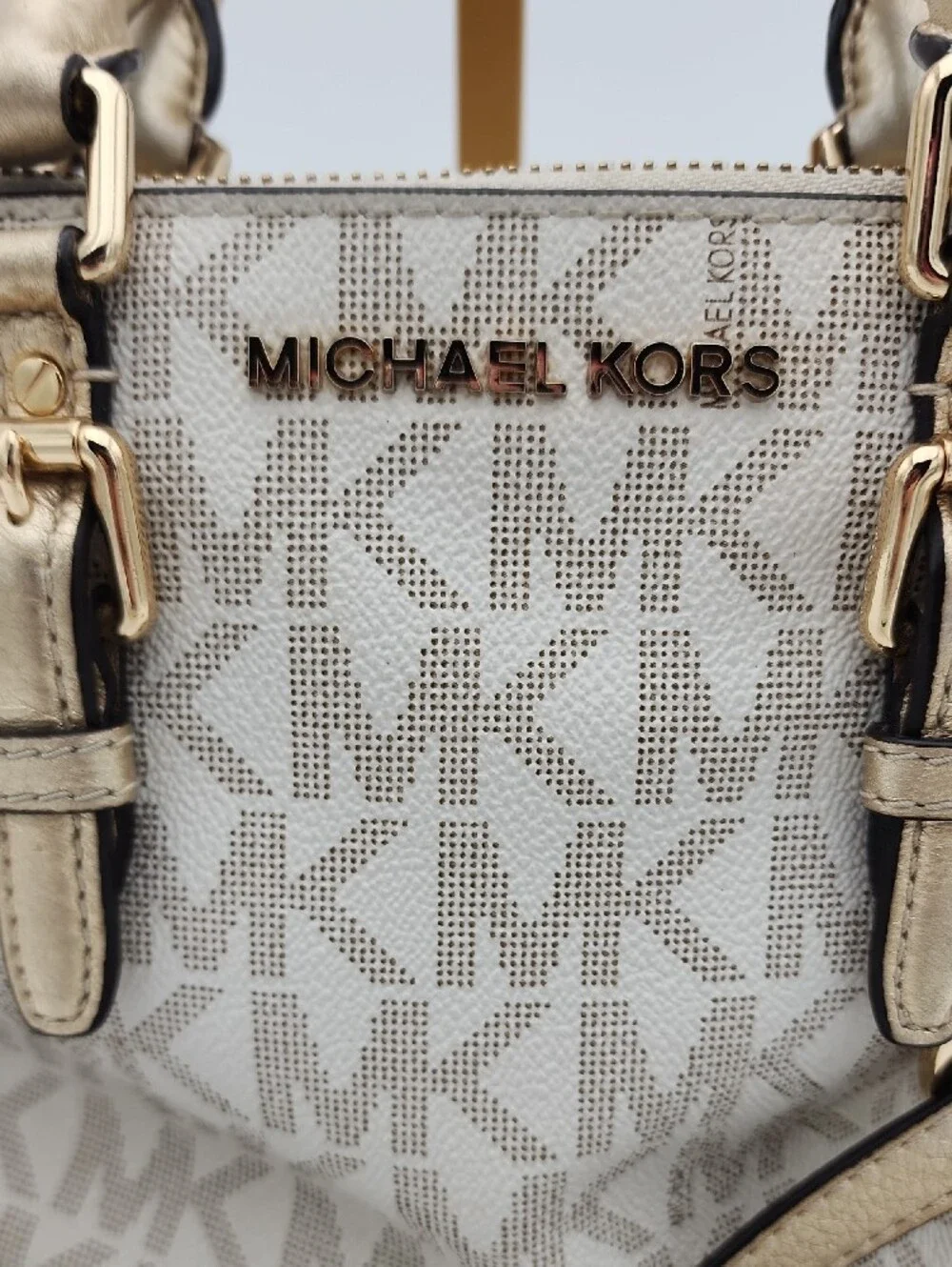 Michael Kors Metallic Gold Logo Satchel with Beige Paneling